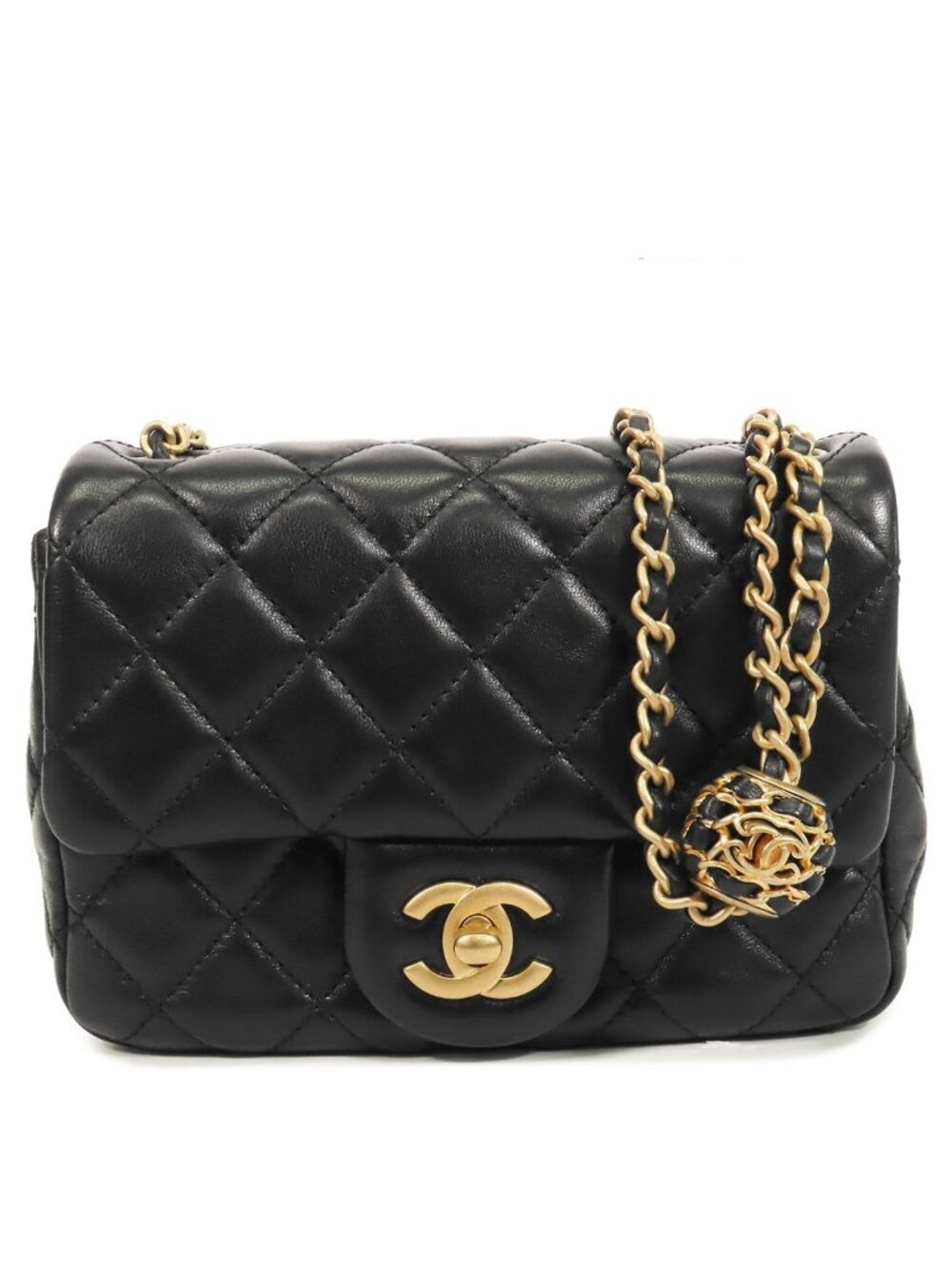 Chanel Chain Black Gold Lambskin Quilted Mini Single Flap Coco Ball Shoulder Bag